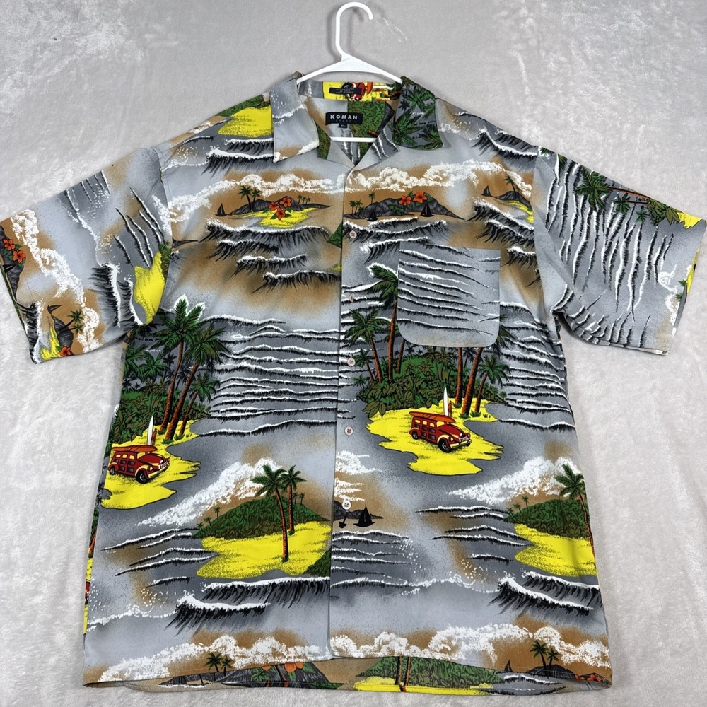 Koman Sport Hawaiian Shirt Mens XL Button Up Short Sleeve Yellow Gray